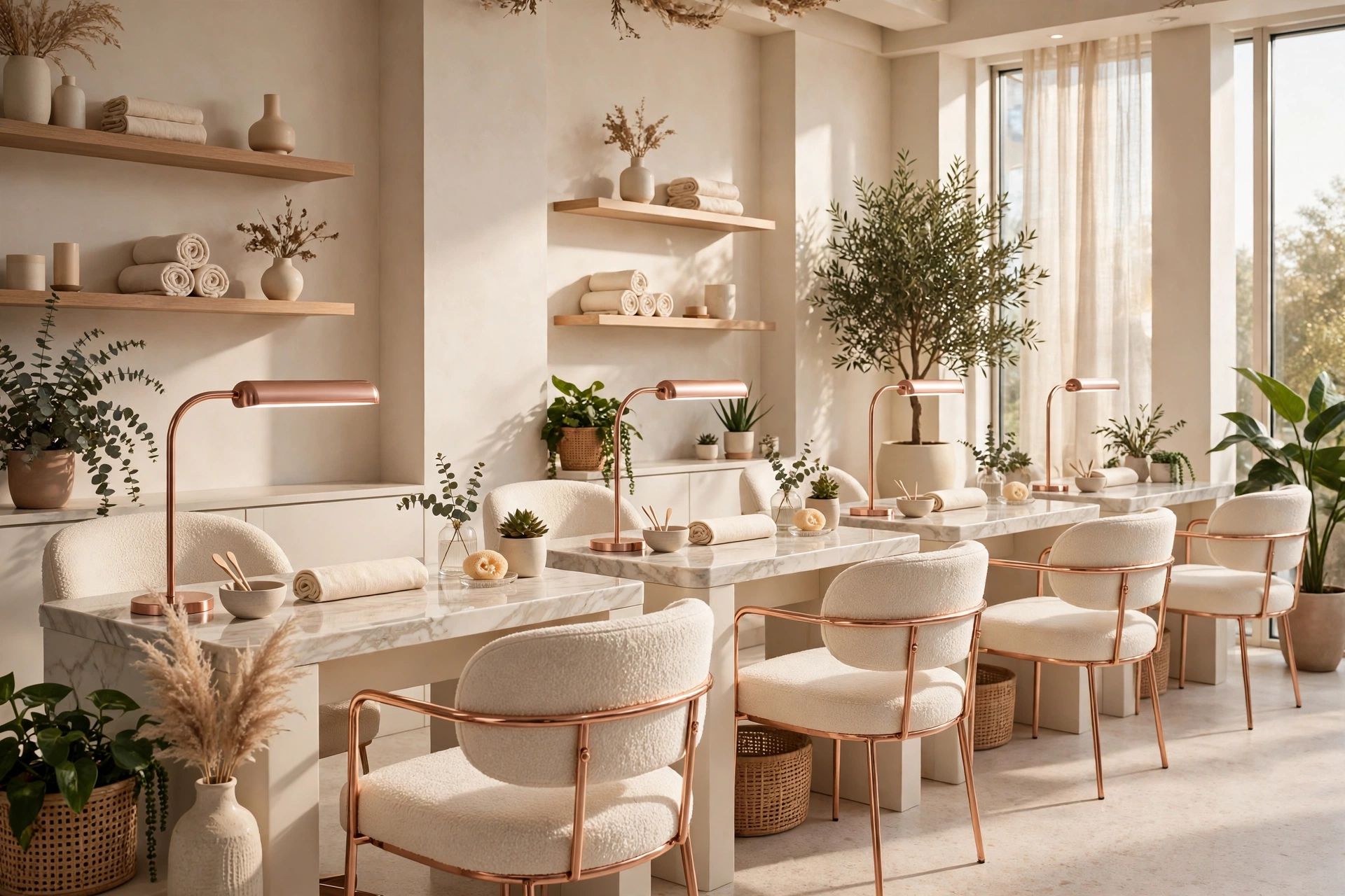 Elegant modern nail salon interior with rose gold chairs and marble tables